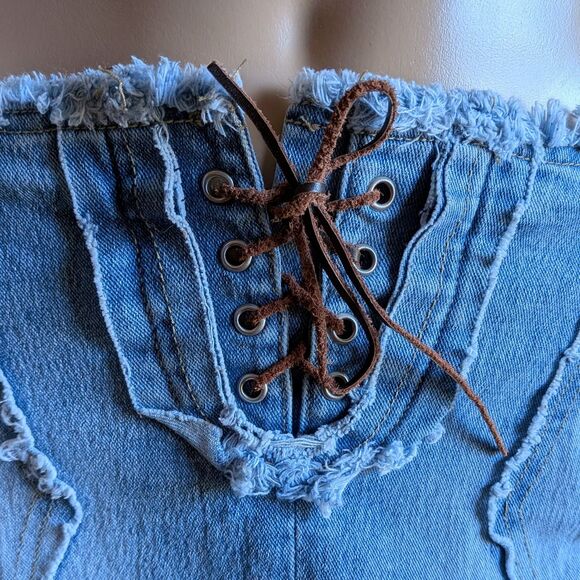 Vintage Y2K Lazer Jeans Micro Mini Skirt Denim Leather Lace Up Low Rise Size 3 - Picture 8 of 12